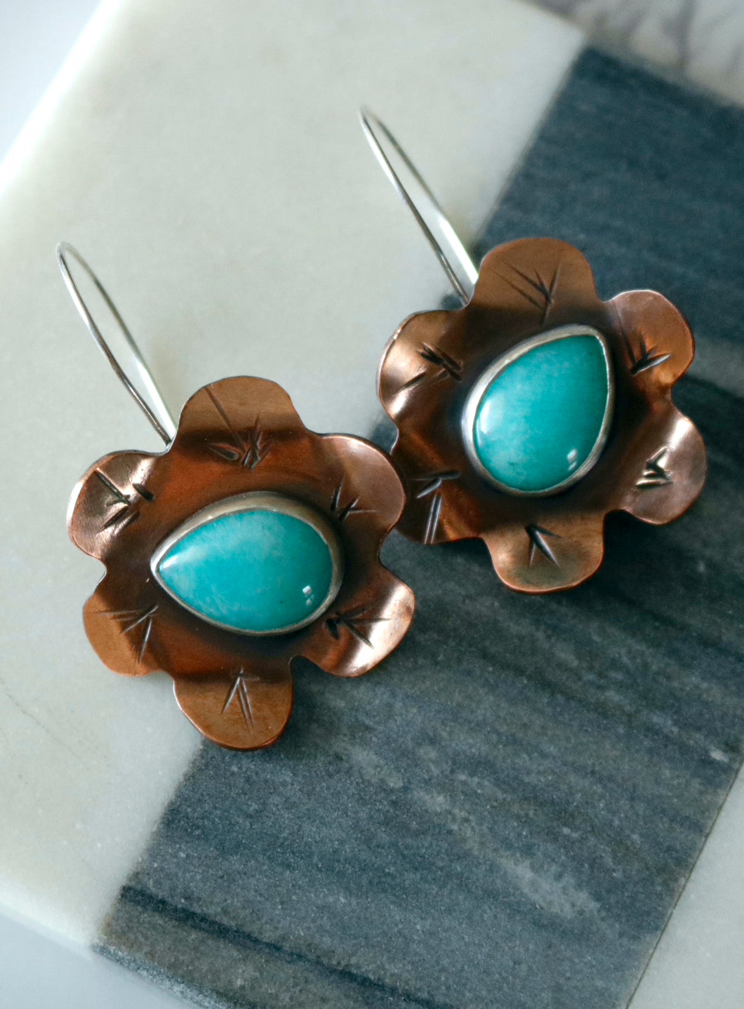 Amazonite Copper and Sterling Silver Flower Earrings