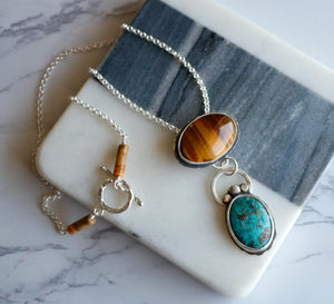 Tiger Eye and Tibetan Turquoise Sterling Silver Necklace