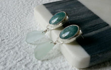 Load image into Gallery viewer, Aquamarine and Sea Glass Fine Silver Earrings