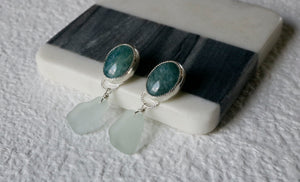 Aquamarine and Sea Glass Fine Silver Earrings