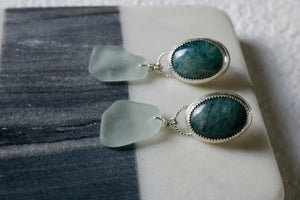 Aquamarine and Sea Glass Fine Silver Earrings