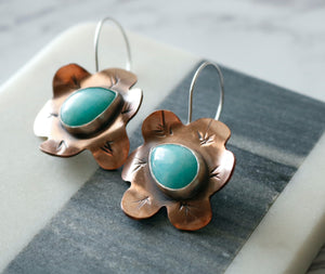 Amazonite Copper and Sterling Silver Flower Earrings