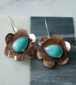 Amazonite Copper and Sterling Silver Flower Earrings