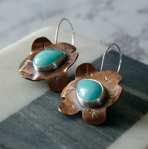 Amazonite Copper and Sterling Silver Flower Earrings