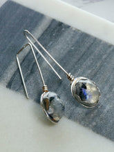 Load image into Gallery viewer, Rainbow Moonstone with Black Tourmaline Sterling Silver Earrings
