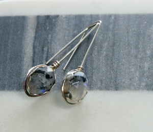 Rainbow Moonstone with Black Tourmaline Sterling Silver Earrings