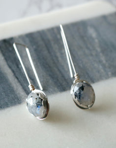 Rainbow Moonstone with Black Tourmaline Sterling Silver Earrings