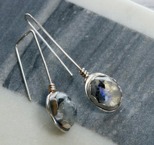 Rainbow Moonstone with Black Tourmaline Sterling Silver Earrings