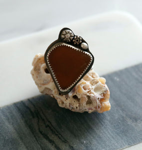 Amber Brown Sea Glass Sterling Silver Ring