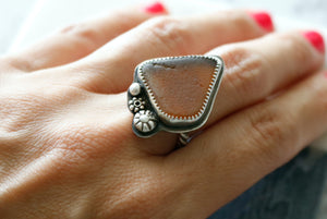 Amber Brown Sea Glass Sterling Silver Ring