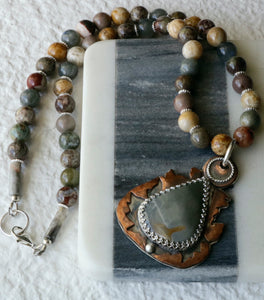 Gray Mookaite Jasper Sterling Silver and Copper Necklace