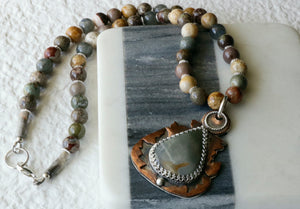 Gray Mookaite Jasper Sterling Silver and Copper Necklace