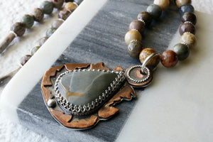 Gray Mookaite Jasper Sterling Silver and Copper Necklace