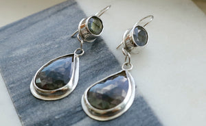 Labradorite with Sapphire Sterling Silver Drop Earrings
