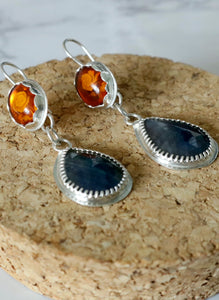 Amber with Blue Sapphire Sterling Silver Earrings