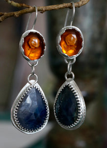 Amber with Blue Sapphire Sterling Silver Earrings