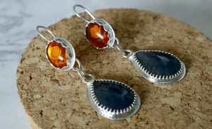 Amber with Blue Sapphire Sterling Silver Earrings