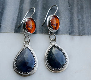 Amber with Blue Sapphire Sterling Silver Earrings