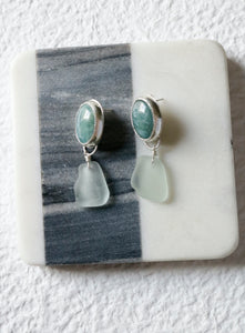 Aquamarine and Sea Glass Fine Silver Earrings