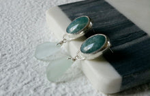 Load image into Gallery viewer, Aquamarine and Sea Glass Fine Silver Earrings
