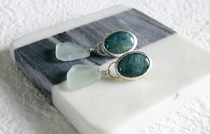 Aquamarine and Sea Glass Fine Silver Earrings