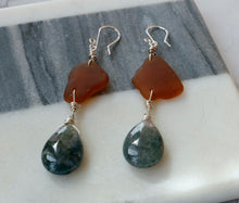 Load image into Gallery viewer, Moss Agate and Sea Glass Sterling Silver Earrings
