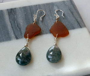 Moss Agate and Sea Glass Sterling Silver Earrings