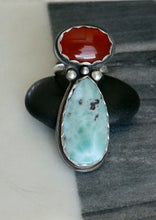 Load image into Gallery viewer, Red Carnelian and Larimar Patina Sterling Silver Ring
