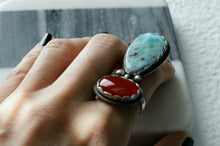 Load image into Gallery viewer, Red Carnelian and Larimar Patina Sterling Silver Ring
