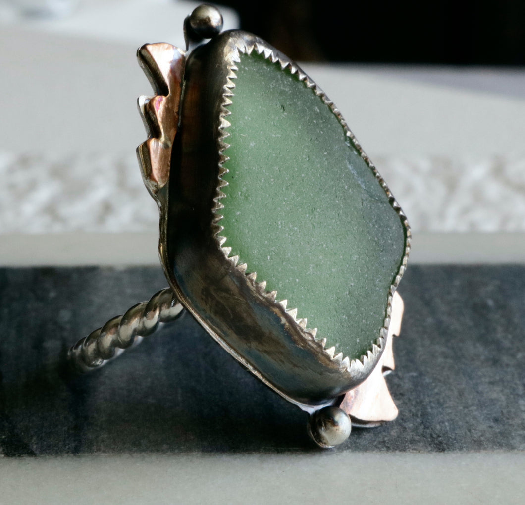 Teal Sea Glass Sterling and Copper Ring