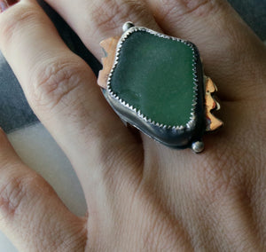 Teal Sea Glass Sterling and Copper Ring