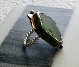 Teal Sea Glass Sterling and Copper Ring