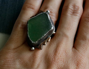 Teal Sea Glass Sterling and Copper Ring